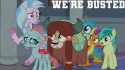 Size: 1280x720 | Tagged: safe, edit, edited screencap, editor:quoterific, screencap, gallus, ocellus, sandbar, silverstream, smolder, yona, changedling, changeling, dragon, earth pony, griffon, hippogriff, pony, yak, g4, my little pony: friendship is magic, school daze, season 8, caught, female, male, open mouth, stallion, student six