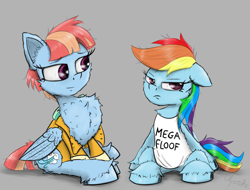 Size: 1850x1406 | Tagged: safe, artist:chopsticks, rainbow dash, windy whistles, pegasus, pony, g4, cheek fluff, chest fluff, chest fluff envy, clothes, duo, duo female, ear fluff, female, frown, impossibly large chest fluff, jealous, mare, mother and child, mother and daughter, rainbow dash is not amused, shirt, signature, simple background, unamused, unshorn fetlocks
