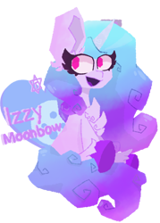 Size: 1090x1523 | Tagged: safe, artist:rainbowstar484, izzy moonbow, pony, unicorn, g5, chest fluff, cute, eyelashes, female, izzybetes, mare, open mouth, simple background, sitting, solo, text, transparent background, unshorn fetlocks