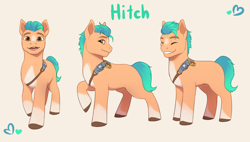 Size: 4364x2480 | Tagged: safe, artist:khal99, hitch trailblazer, earth pony, pony, g5, blaze (coat marking), coat markings, eyes closed, facial markings, high res, looking at you, male, open mouth, pale belly, raised hoof, sash, simple background, smiling, socks (coat markings), stallion, text, unshorn fetlocks, white background