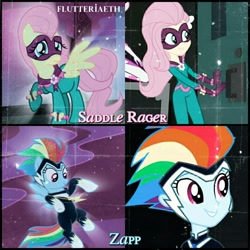 Size: 1080x1080 | Tagged: safe, edit, edited screencap, editor:flutteriaeth, screencap, fluttershy, rainbow dash, saddle rager, zapp, pegasus, pony, equestria girls, equestria girls specials, g4, movie magic, power ponies (episode), female, geode of super speed, jewelry, magical geodes, mare, necklace, power ponies, smiling, spread wings, wings
