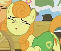 Size: 360x298 | Tagged: safe, screencap, applejack, carrot top, golden harvest, earth pony, pony, g4, season 1, winter wrap up, :o, background pony, clothes, cropped, duo, duo female, eyes closed, female, mare, o, o mouth, offscreen character, open mouth, plant team, solo focus, vest, winter wrap up song, winter wrap up vest