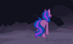 Size: 800x485 | Tagged: safe, artist:crowneprince, oc, oc only, oc:stellar trace, pony, unicorn, animated, determined, female, force field, gif, horn, jumping, looking at something, looking back, magic, magic aura, mare, scared, shield, solo, sparkles, unicorn oc