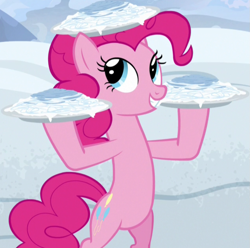Size: 949x942 | Tagged: safe, screencap, pinkie pie, earth pony, pony, not asking for trouble, bipedal, cropped, female, food, hind legs, mare, pasta, snow, snow spaghetti, solo, spaghetti, teeth
