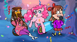 Size: 1024x560 | Tagged: safe, artist:vickyviolet, pinkie pie, g4, crossover, gravity falls, mabel pines, male, milla vodello, party cannon, psychonauts