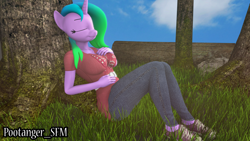 Size: 3840x2160 | Tagged: safe, artist:pootanger_sfm, oc, oc:fiona mahri, anthro, plantigrade anthro, 3d, breasts, clothes, eyes closed, grass, hand on belly, hand on chest, high res, nap, outdoors, shoes, sleeping, sneakers, source filmmaker