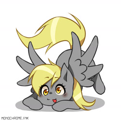 Size: 2400x2400 | Tagged: safe, artist:monochrome, derpy hooves, pegasus, pony, g4, :3, blushing, cute, face down ass up, fanart, female, high res, mare, simple background, smiling, solo, spread wings, tongue out, white background, wings