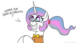 Size: 1148x648 | Tagged: safe, artist:banebuster, princess celestia, alicorn, pony, series:tiny tia, g4, adorkable, alternate hairstyle, braces, cute, cutelestia, dork, dungeons and dragons, female, glasses, happy, mare, nerd, ogres and oubliettes, ponytail, simple background, smiling, weapons-grade cute, white background, younger