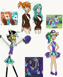 Size: 2510x3049 | Tagged: safe, artist:citi, discord, fluttershy, lighthoof, pinkie pie, rainbow dash, rarity, shimmy shake, spike, human, 2 4 6 greaaat, g4, the summer sun setback, cheerleader, cheerleader discord, cheerleader outfit, clothes, crossdressing, femboy discord, high res, humanized, scene interpretation, screencap reference