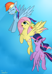 Size: 2480x3507 | Tagged: safe, artist:twidasher, fluttershy, rainbow dash, twilight sparkle, alicorn, pegasus, pony, g4, feather, female, flying, high res, lesbian, ship:twidash, shipping, signature, sky, smiling, trio, twilight sparkle (alicorn)