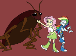 Size: 2042x1519 | Tagged: safe, artist:bugssonicx, fluttershy, rainbow dash, cockroach, human, insect, equestria girls, g4, female, scaredy dash, shrunken