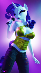 Size: 2160x3840 | Tagged: safe, artist:shadowboltsfm, rarity, unicorn, anthro, plantigrade anthro, g4, 3d, 4k, adorasexy, beautiful, beautisexy, big breasts, blender, boob window, breasts, busty rarity, cleavage, clothes, corset, cute, eyes closed, eyeshadow, high res, lipstick, makeup, microphone, nail polish, not sfm, raribetes, sexy, singing, smiling, solo