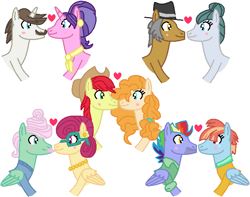 Size: 702x552 | Tagged: safe, artist:harmonyguard, bow hothoof, bright mac, cloudy quartz, cookie crumbles, gentle breeze, hondo flanks, igneous rock pie, pear butter, posey shy, windy whistles, earth pony, pegasus, pony, unicorn, g4, female, male, mare, ship:brightbutter, ship:cookieflanks, ship:quartzrock, ship:shys, ship:windyhoof, shipping, stallion, straight