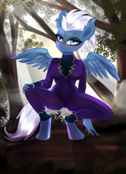 Size: 2000x2760 | Tagged: safe, artist:cali luminos, night glider, pegasus, anthro, unguligrade anthro, g4, blushing, breasts, busty night glider, clothes, costume, ear fluff, fanart, female, high res, looking at you, sexy, shadowbolts, shadowbolts costume, solo