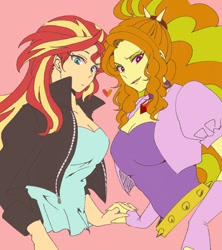 Size: 1600x1800 | Tagged: safe, artist:raika0306, adagio dazzle, sunset shimmer, equestria girls, g4, clothes, female, gem, heart, holding hands, jacket, leather jacket, lesbian, looking at you, ship:sunsagio, shipping, simple background, siren gem