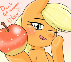 Size: 740x640 | Tagged: safe, artist:batipin, applejack, earth pony, pony, g4, apple, female, food, freckles, looking at you, mare, one eye closed, solo, talking to viewer, wink, winking at you