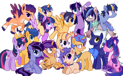 Size: 4000x2468 | Tagged: safe, alternate version, artist:idkhesoff, artist:rerorir, flash sentry, twilight sparkle, oc, oc:aurora, oc:dawn light, oc:diamond wings, oc:estella sparkle, oc:flare beam, oc:hesitant enchantment, oc:jake sparkle, oc:magitek, oc:nightfall twinkle, oc:prince orion flash, oc:sparkling stars (ice1517), oc:star flare, oc:starshine gleam, oc:stella nova, alicorn, pegasus, pony, unicorn, icey-verse, g4, alicorn oc, base used, blank flank, bowtie, brother and sister, chest fluff, collar, ear piercing, earring, eye scar, family, father and child, father and daughter, father and son, female, flying, freckles, glowing horn, grin, horn, jewelry, leg fluff, levitation, like father like daughter, like father like son, like mother like daughter, like mother like son, like parent like child, magic, male, mare, markings, mother and child, mother and daughter, mother and son, multicolored hair, offspring, open mouth, parent:flash sentry, parent:twilight sparkle, parents:flashlight, piercing, ponies riding ponies, raised hoof, riding, scar, self-levitation, ship:flashlight, shipping, siblings, simple background, sisters, sitting, smiling, stallion, straight, tattoo, telekinesis, transparent background, twilight sparkle (alicorn), unshorn fetlocks, wall of tags, wings