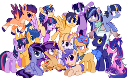 Size: 4000x2468 | Tagged: safe, alternate version, artist:idkhesoff, artist:rerorir, flash sentry, twilight sparkle, oc, oc:aurora, oc:dawn light, oc:diamond wings, oc:estella sparkle, oc:flare beam, oc:hesitant enchantment, oc:jake sparkle, oc:magitek, oc:nightfall twinkle, oc:prince orion flash, oc:sparkling stars (ice1517), oc:star flare, oc:starshine gleam, oc:stella nova, alicorn, pegasus, pony, unicorn, icey-verse, g4, alicorn oc, base used, blank flank, bowtie, brother and sister, chest fluff, collar, ear piercing, earring, eye scar, family, father and child, father and daughter, father and son, female, flying, freckles, glowing horn, grin, horn, jewelry, leg fluff, levitation, like father like daughter, like father like son, like mother like daughter, like mother like son, like parent like child, magic, male, mare, markings, mother and child, mother and daughter, mother and son, multicolored hair, offspring, open mouth, parent:flash sentry, parent:twilight sparkle, parents:flashlight, piercing, ponies riding ponies, raised hoof, riding, scar, self-levitation, ship:flashlight, shipping, siblings, simple background, sisters, sitting, smiling, stallion, straight, tattoo, telekinesis, twilight sparkle (alicorn), unshorn fetlocks, wall of tags, white background, wings