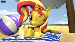 Size: 3413x1920 | Tagged: safe, artist:gradiusfanatic, sunset shimmer, pony, unicorn, g4, 3d, beach, beach ball, female, grin, juice, lemonade, looking at you, lying down, one eye closed, prone, smiling, solo, source filmmaker, towel, wink, winking at you