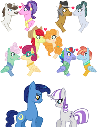 Size: 702x914 | Tagged: safe, artist:harmonyguard, bow hothoof, bright mac, cloudy quartz, cookie crumbles, gentle breeze, hondo flanks, igneous rock pie, night light, pear butter, posey shy, twilight velvet, windy whistles, earth pony, pegasus, pony, unicorn, g4, female, male, mare, ship:brightbutter, ship:cookieflanks, ship:nightvelvet, ship:quartzrock, ship:shys, ship:windyhoof, shipping, stallion, straight