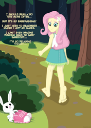 Size: 2480x3508 | Tagged: safe, artist:escapistmatt, angel bunny, fluttershy, rabbit, equestria girls, g4, animal, barefoot, barefooting, duo, feet, fetish, foot fetish, forest, high res, shoes removed, walking