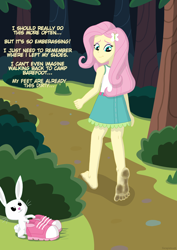 Size: 2480x3508 | Tagged: safe, alternate version, artist:escapistmatt, angel bunny, fluttershy, rabbit, equestria girls, g4, animal, barefoot, barefooting, dirt, dirty, dirty feet, duo, feet, fetish, foot fetish, forest, high res, shoes removed, walking