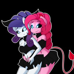 Size: 4000x4000 | Tagged: safe, artist:caoscore, pinkie pie, rarity, demon, succubus, anthro, g4, absurd resolution, belly button, black sclera, breasts, demon horns, devil tail, female, glowing eyes, hug, hug from behind, lesbian, looking at each other, ship:raripie, shipping, smiling