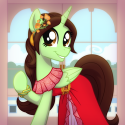 Size: 2048x2048 | Tagged: safe, artist:whitequartztheartist, oc, oc only, oc:alva the pony, alicorn, pony, alicorn oc, clothes, cosplay, costume, dress, female, grin, high res, horn, looking at you, mare, raised hoof, request, smiling, smiling at you, solo, wings
