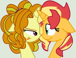 Size: 592x450 | Tagged: safe, artist:hugger-luve, artist:jadeharmony, adagio dazzle, sunset shimmer, pony, unicorn, g4, base used, blushing, boop, equestria girls ponified, female, gray background, horn, horns are touching, lesbian, mare, noseboop, ponified, ship:sunsagio, shipping, simple background, tongue out