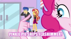Size: 800x448 | Tagged: safe, edit, edited screencap, screencap, flash sentry, pinkie pie, sunset shimmer, do it for the ponygram!, equestria girls, g4, my little pony equestria girls: better together, caption, female, image macro, male, ship:flashimmer, shipping, straight, text