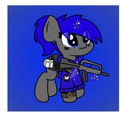 Size: 1495x1421 | Tagged: safe, artist:two2sleepy, oc, oc only, oc:dream vezpyre, oc:dream², pony, chibi, clothes, famas, fangs, gun, hoodie, solo, tom clancy's the division, weapon