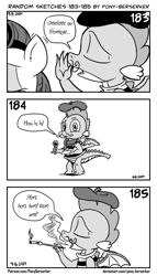 Size: 1320x2309 | Tagged: safe, artist:pony-berserker, rarity, spike, dragon, pony, unicorn, pony-berserker's twitter sketches, g4, alcohol, baguette, beret, bread, cigarette, cigarette holder, clothes, dexter's laboratory, eyes closed, facial hair, female, food, french, glass, gratuitous french, halftone, hat, male, mare, monochrome, moustache, omelette du fromage, reference, ship:sparity, shipping, shirt, smoking, speech bubble, stereotype, straight, wine