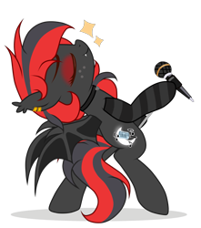 Size: 2539x2870 | Tagged: artist needed, safe, oc, oc only, oc:sharpe, bat pony, pony, bat pony oc, bipedal, clothes, collar, commission, eyes closed, fangs, female, freckles, high res, mare, microphone, microphone stand, piercing, simple background, singing, socks, striped socks, transparent background, ych result