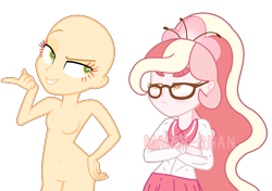 Size: 2404x1688 | Tagged: dead source, safe, artist:cherritoppu, oc, oc only, oc:cherry bloom, equestria girls, g4, bald, base used, crossed arms, duo, equestria girls-ified, eyelashes, female, simple background, smiling, smirk, transparent background