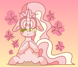 Size: 3016x2608 | Tagged: dead source, safe, artist:cherritoppu, oc, oc only, oc:cherry bloom, pony, unicorn, blushing, female, gradient background, high res, horn, mare, one eye closed, sitting, solo, unicorn oc, wink
