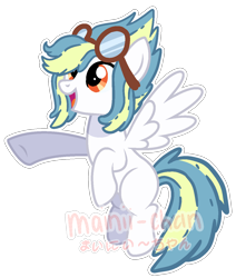 Size: 1086x1278 | Tagged: dead source, safe, artist:cherritoppu, oc, oc only, pegasus, pony, female, flying, goggles, mare, open mouth, pegasus oc, simple background, smiling, transparent background, underhoof, wings
