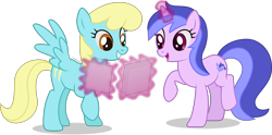 Size: 4220x2096 | Tagged: safe, artist:starcollider, sassaflash, sea swirl, seafoam, pegasus, pony, unicorn, g4, atg 2021, female, gritted teeth, high res, lesbian, magic, magic aura, mare, newbie artist training grounds, open mouth, photo, raised hoof, sassaswirl, shipping, show accurate, simple background, smiling, spread wings, transparent background, vector, wings