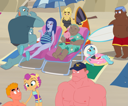 Size: 1175x977 | Tagged: safe, artist:queencold, baby cinder, clump, dragon lord torch, garble, princess ember, smolder, oc, oc:blaze, oc:caldera, oc:grandma griddle, oc:maximus, equestria girls, g4, beach, clothes, dark skin, equestria girls-ified, female, humanized, male, one-piece swimsuit, pregnant, pregnant equestria girls, surfboard, swimsuit, umbrella