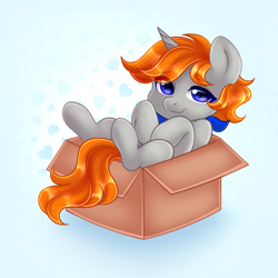 Size: 1080x1080 | Tagged: safe, artist:tookiut, oc, oc only, oc:disterious, pony, unicorn, blue eyes, box, cute, happy, horn, looking at you, neckerchief, smiling, solo