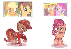 Size: 1263x875 | Tagged: dead source, safe, artist:cherritoppu, oc, earth pony, pony, clothes, earth pony oc, female, hat, looking back, male, mare, offspring, parent:applejack, parent:caramel, parent:cheese sandwich, parent:pinkie pie, parents:carajack, parents:cheesepie, screencap reference, side hug, simple background, stallion, straight, transparent background
