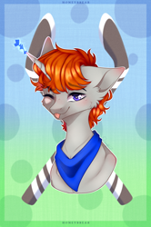 Size: 1806x2720 | Tagged: safe, artist:honeybbear, oc, oc only, oc:disterious, pony, unicorn, blue eyes, bust, commission, cute, happy, hockey stick, horn, icon, looking at you, magic, magic aura, neckerchief, one eye closed, portrait, simple background, smiling, solo, tongue out, wink