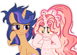 Size: 2023x1455 | Tagged: dead source, safe, artist:cherritoppu, oc, oc only, oc:cherry bloom, oc:galaxy swirls, pony, unicorn, angry, base used, blushing, cheek squish, duo, eyelashes, female, horn, mare, offspring, parent:flash sentry, parent:twilight sparkle, parents:flashlight, smiling, squishy cheeks, unicorn oc