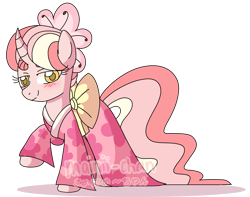 Size: 2180x1720 | Tagged: dead source, safe, artist:cherritoppu, oc, oc only, oc:cherry bloom, pony, blushing, clothes, curved horn, dress, eyelashes, female, horn, kimono (clothing), mare, raised hoof, simple background, smiling, solo, transparent background, watermark