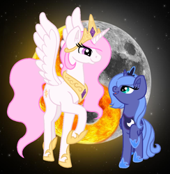 Size: 826x846 | Tagged: safe, artist:lucymarie2000, artist:madzbases, princess celestia, princess luna, alicorn, pony, g4, base used, duo, female, moon, pink-mane celestia, raised hoof, s1 luna, siblings, sisters, sun, yin-yang, younger