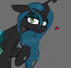 Size: 1315x1256 | Tagged: safe, artist:pinkberry, queen chrysalis, changeling, changeling queen, g4, cheeselegs, cute, cutealis, female, gray background, heart, human shoulders, looking at you, lubed, raised hoof, simple background, slit pupils, solo, text, tongue out, wavy mouth, when you see it