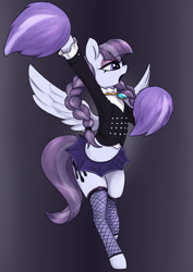 Size: 2120x3000 | Tagged: safe, artist:t72b, inky rose, pegasus, pony, g4, alternate design, bipedal, braid, braided pigtails, cheering, cheerleader, clothes, female, fishnet stockings, goth, high res, mare, open mouth, pom pom, simple background, skirt, solo, stockings, thigh highs