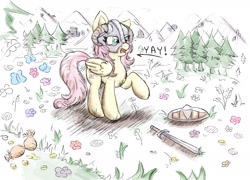 Size: 1526x1098 | Tagged: safe, artist:nedemai, fluttershy, butterfly, pegasus, pony, g4, atg 2021, dovahshy, female, flower, full body, gold, gold coins, helmet, horned helmet, mare, mountain, newbie artist training grounds, raised hoof, shield, skyrim, solo, standing, sword, the elder scrolls, tree, weapon, yay, yelling