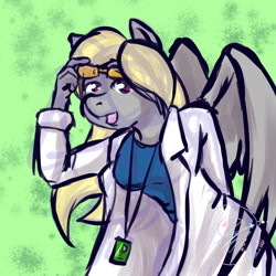 Size: 1000x1000 | Tagged: safe, artist:jbcblanks, oc, oc only, pegasus, anthro, abstract background, clothes, cute, female, goggles, lab coat, looking at you, open mouth, patreon, patreon reward, safety goggles, science, shirt, signature, smiling, solo, wings
