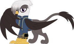 Size: 3554x2104 | Tagged: safe, artist:php170, artist:porygon2z, oc, oc only, oc:raiza, griffon, fallout equestria, clothes, fallout, female, griffon oc, high res, jumpsuit, looking at you, pipboy, simple background, smiling, smiling at you, solo, transparent background, vault suit, vector