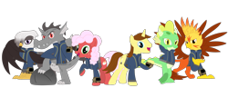 Size: 4557x1765 | Tagged: safe, artist:php170, artist:porygon2z, oc, oc only, oc:blaze, oc:draco axel, oc:hocus pocus, oc:jade, oc:raiza, oc:strawberry fluffcake, dragon, earth pony, griffon, pony, unicorn, fallout equestria, clothes, crossed legs, dragon oc, earth pony oc, fallout, feet, female, griffon oc, group, happy, high res, horn, jumpsuit, looking at you, male, pipboy, rock, simple background, smiling, smiling at you, stallion, teeth, transparent background, unicorn oc, vault suit, vector
